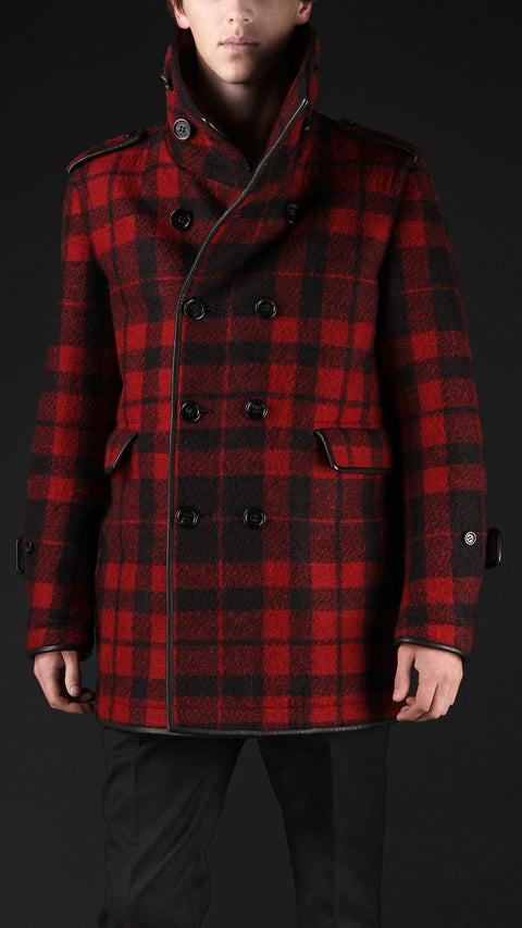 BURBERRY PRORSUM Fall 2011 Size 38 Red & Black Buffalo Plaid Polyester / Wool Peacoat