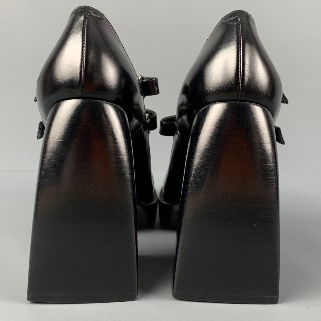 NODALETO Size 7 Black Leather Chunky Heel Platform Pumps