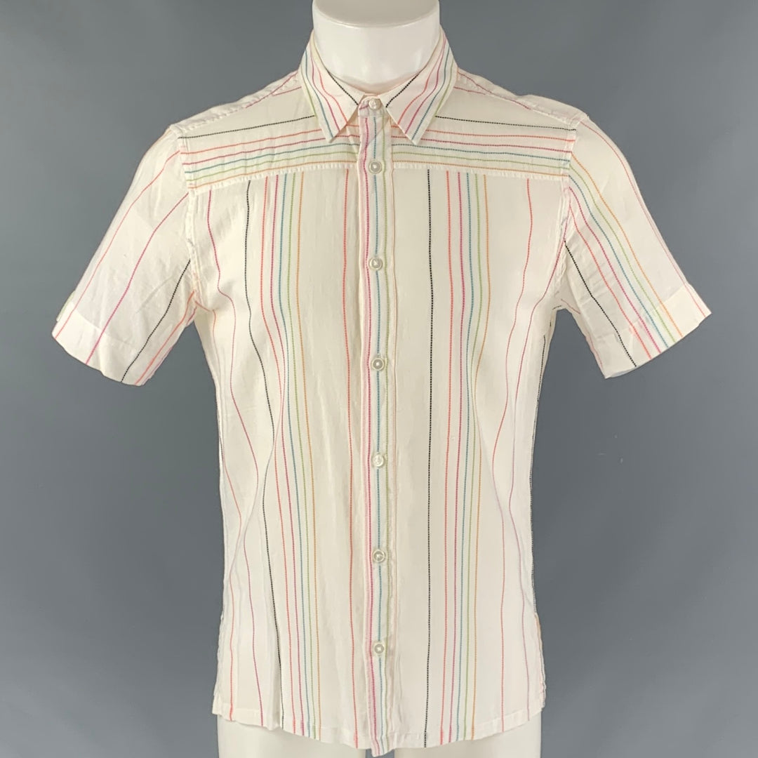 MR. TURK Size S White Multicolour Stripe Cotton Short Sleeve Shirt