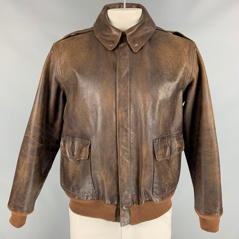 RRL by RALPH LAUREN Type A-2 Size XL Brown Distressed Leather Bomber Jacket