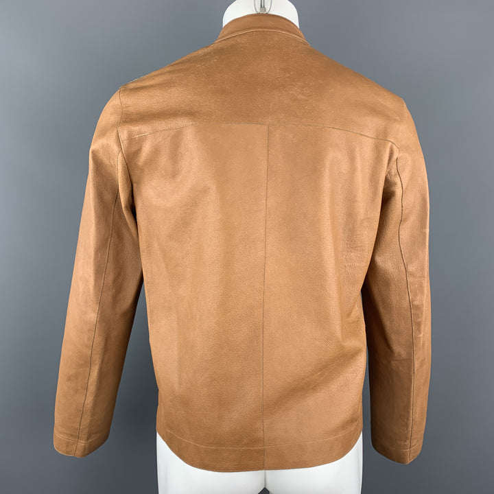 MIU MIU Size S Tan Textured Leather High Collar FLap Pocket Jacket