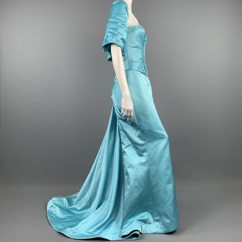 REEM ACRA Size M Blue Silk Strapless Beaded Gown & Bolero Shrug