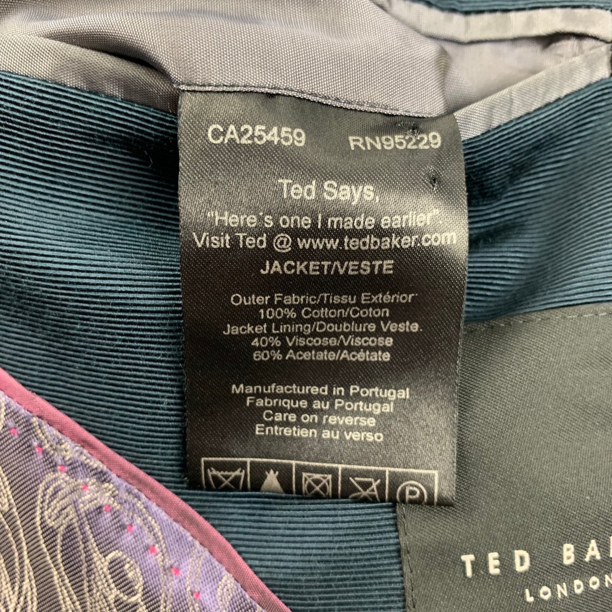 TED BAKER Size 40 Teal Cotton Velvet Notch Lapel Sport Coat Sui