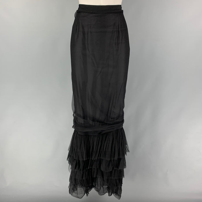 LANVIN Size 6 Black Silk Blend Ruffled Long Skirt