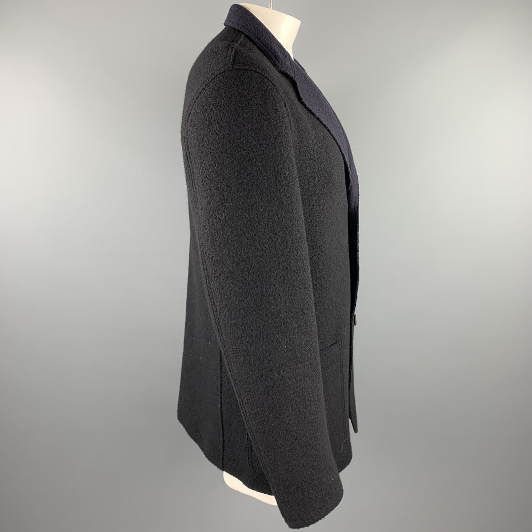 ISSEY MIYAKE Size XL Navy Textured Wool Notch Lapel Coat