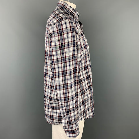 ERMENEGILDO ZEGNA Size XL White & Navy  Plaid Cotton Long Sleeve Shirt