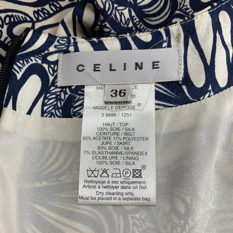 CELINE Taille 4 Robe sans manches abstraite en soie blanche marine