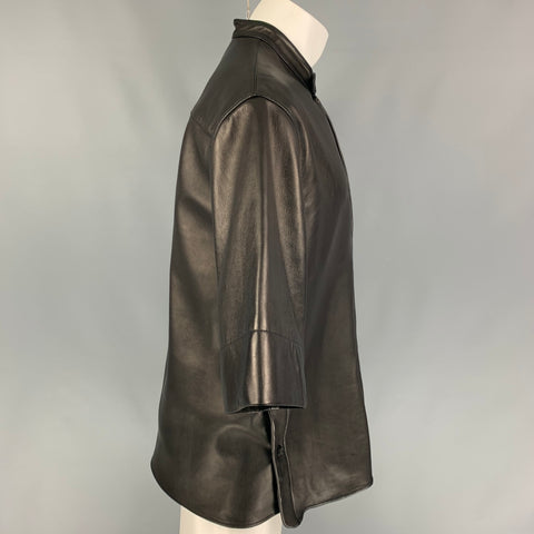 3.1 PHILLIP LIM Size M Black Leather Buttoned Collar Short Sleeve Shirt