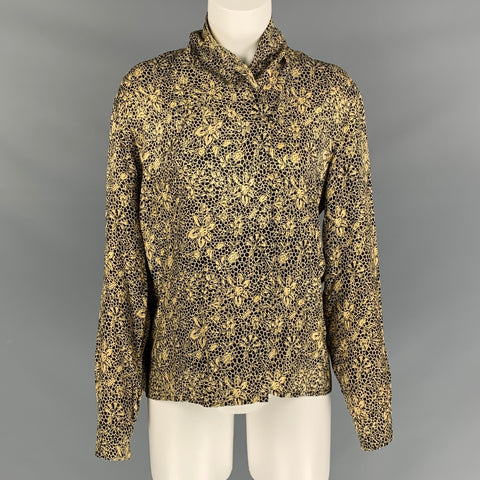 ANNE KLEIN Talla 6 Blusa de manga larga floral abstracta de seda negra
