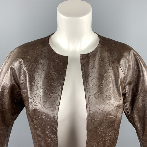 CHAIKEN Size S Brown Floral Embossed Leather Open Front Jacket