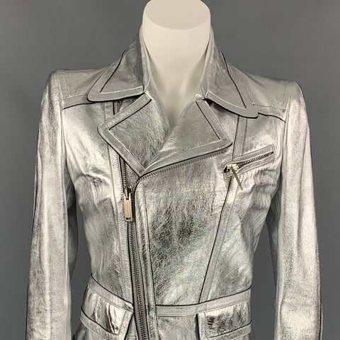 DSQUARED2 Size 6 Silver Leather Black Trim Biker Jacket