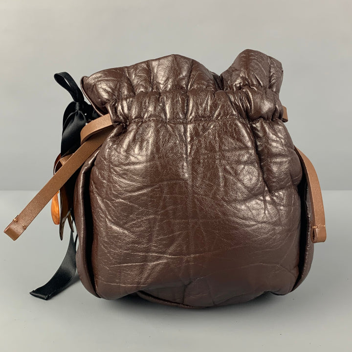 MARNI Brown Black Wrinkled Rhinestones Leather Handbag