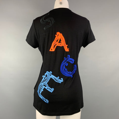 VERSACE Size 8 Black Embroidered Viscose Crew-Neck T-shirt