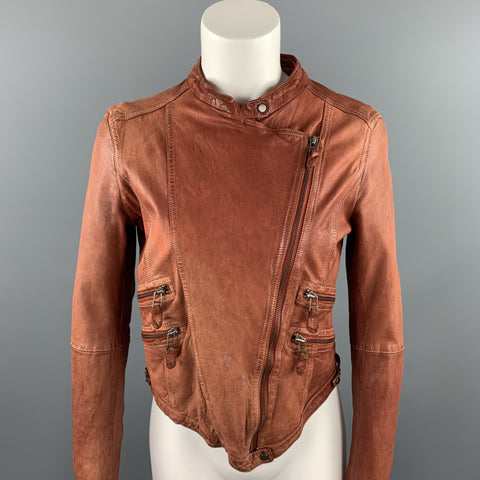 VINTAGE Taille L Veste zippée en cuir vieilli brun rouille