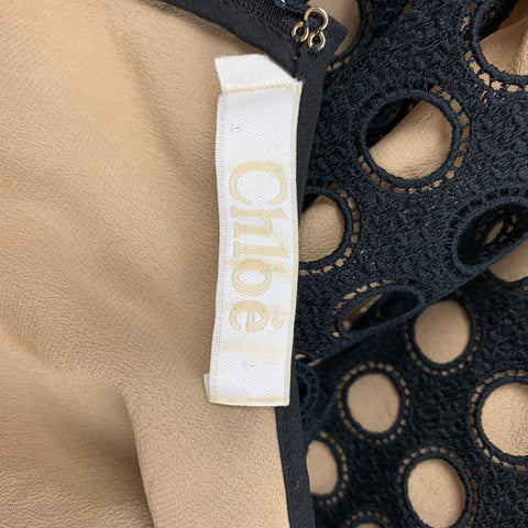 CHLOE Taille 2 Noir Beige Coton Polyester Découpé Robe à manches courtes