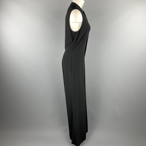 RALPH LAUREN Size 6 Black Crepe Sleeveless Band Collar Wide Leg Jumpsuit