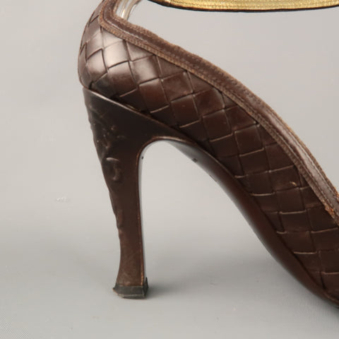 BOTTEGA VENETA Talla 6.5 Zapatos de tacón peep toe de cuero Intrecciato tejido marrón 