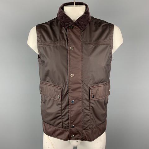 ERMENEGILDO ZEGNA Chest 40 Burgundy Coated Wool & Corduroy Hooded Vest