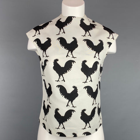AWAKE 2014 Taille 2 Blouse en coton / viscose en sergé blanc et noir imprimé coq