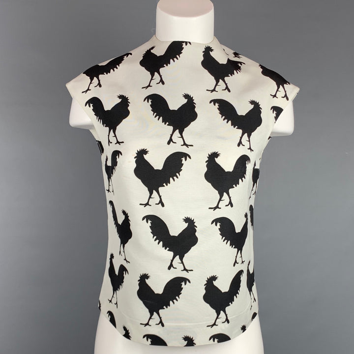 AWAKE 2014 Talla 2 Blusa de algodón/viscosa con estampado de gallo de sarga blanca y negra