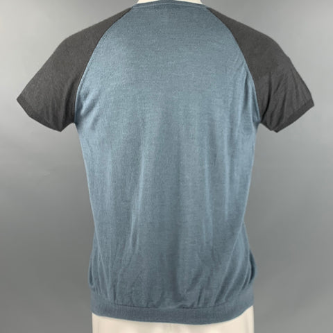PRADA Size M Blue Grey Color Block Cashmere  Silk Short Sleeve Pullover