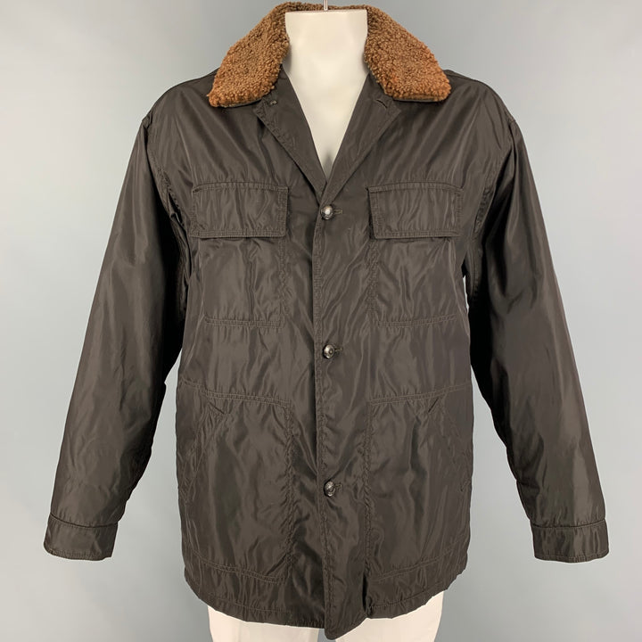 PRADA Size XL Dark Brown Shearling Collar Parka Jacket