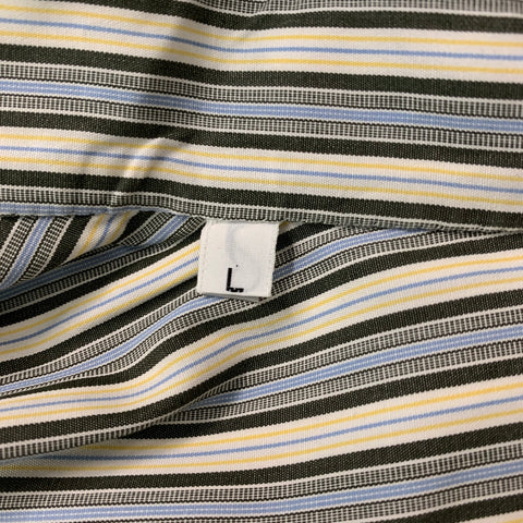 KITON Size L Cream, Black &  Blue Stripe Cotton Button Down Long Sleeve Shirt