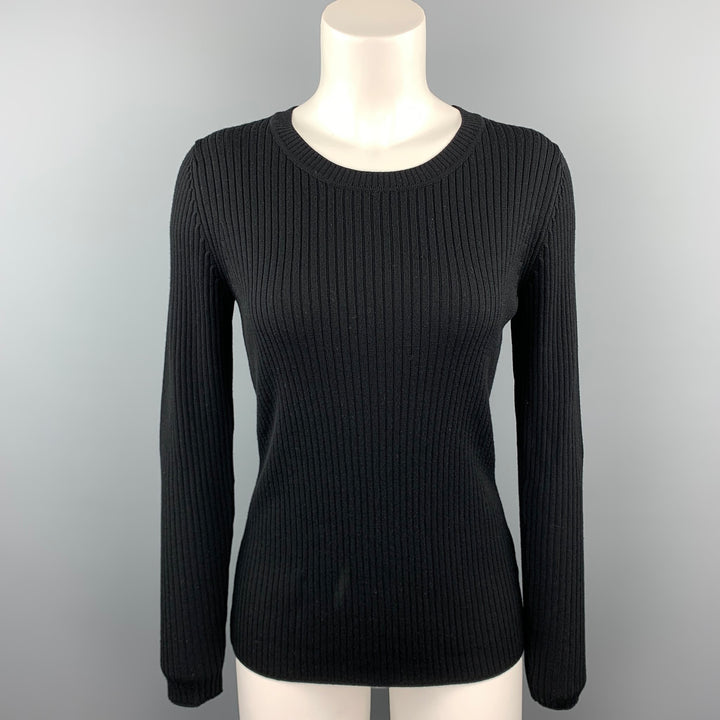 ST. JOHN Size S Black Ribbed Wool Round Neck Pullover