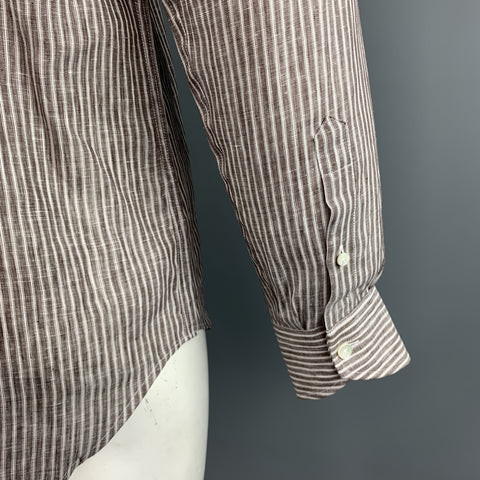 CANALI Size M Brown Stripe Linen Spread Collar Pocket Long Sleeve Shirt