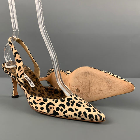 MANOLO BLAHNIK Size 7 Tan Canvas Animal Print Slingback Pumps