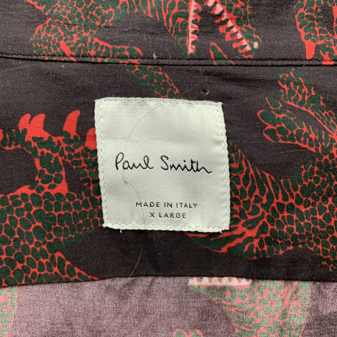 PAUL SMITH Talla XL Camisa Manga Larga Cupro/Algodón Estampado Marrón &amp; Rojo