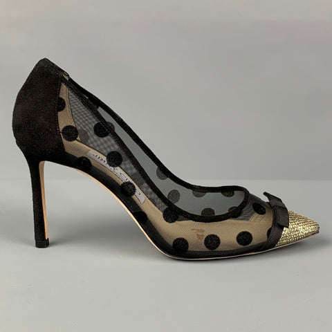 JIMMY CHOO Talla 6.5 Zapatos de tacón con lunares de malla en negro y dorado
