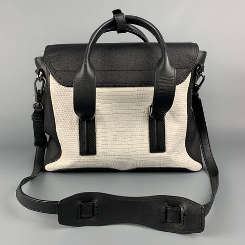 3.1 PHILLIP LIM Black & White Textured Embossed Leather Cross Body Pashli Medium Satchel Handbag