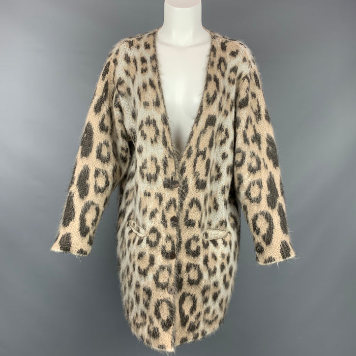 LOEWE Size XS Taupe Mohair Blend Leopard Print Long Cardigan