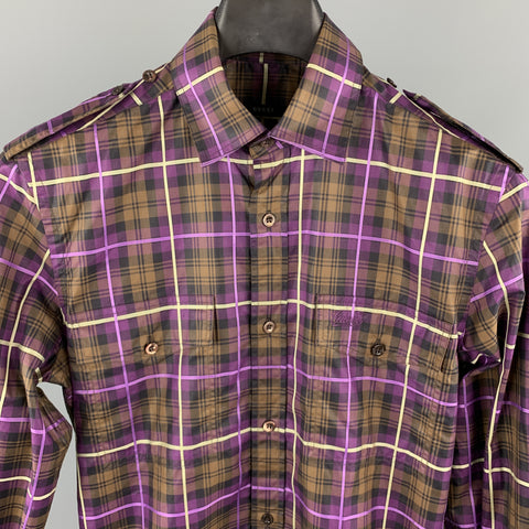 GUCCI Talla XS Camisa de manga larga con charreteras y bolsillos de parche con botones de algodón a cuadros marrón y morado