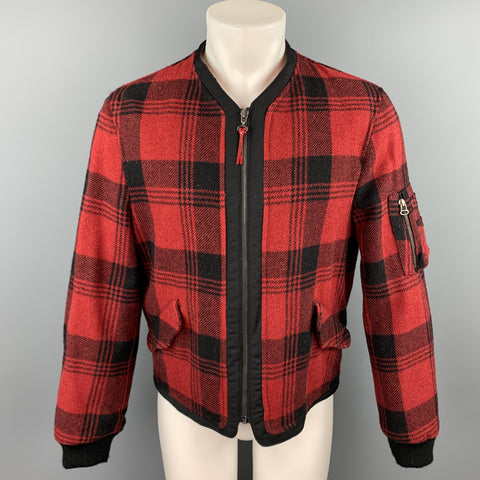 JOHN BARTLETT Uniform Size 40 Red & Black Plaid Wool Blend Zip Up Jacket