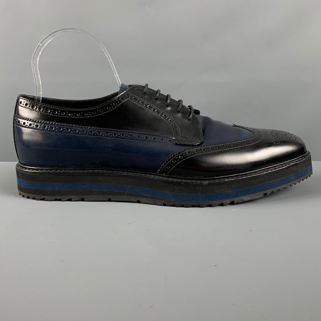 PRADA Size 11 Navy Black Perforated Leather Platform Lace Up Shoes