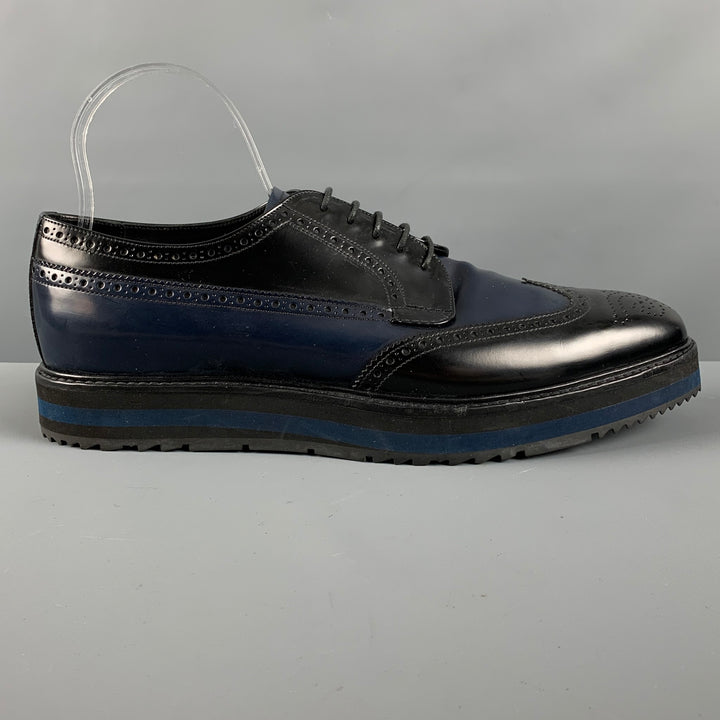 PRADA Size 11 Navy Black Perforated Leather Platform Lace Up Shoes