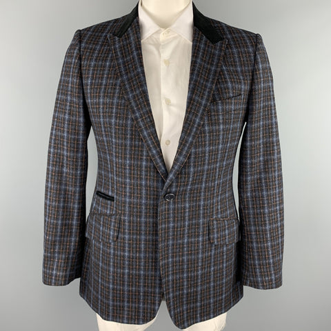 PS by PAUL SMITH Size 42 Navy & Blue Plaid Wool / Cotton Peak Lapel Sport Coat