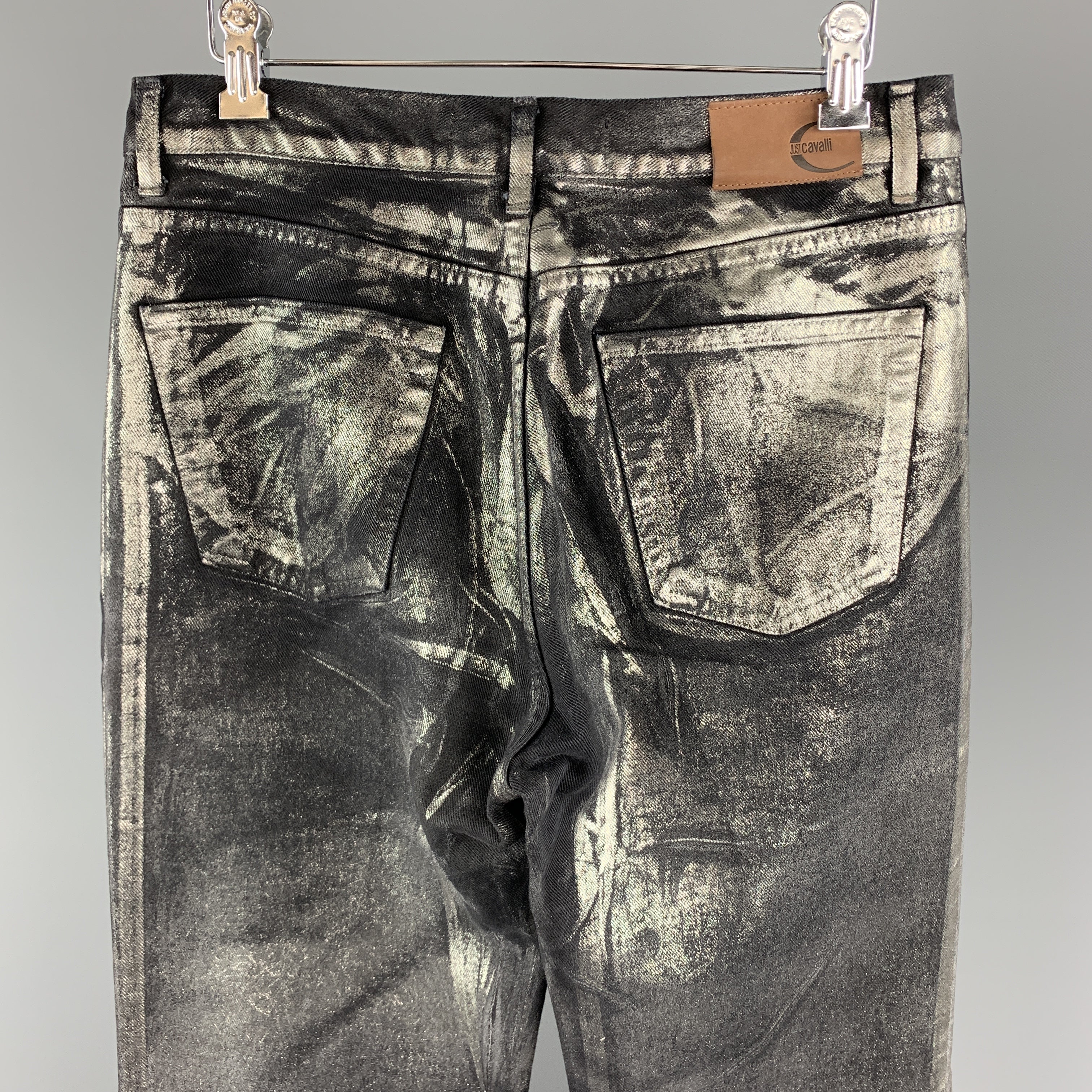 JUST CAVALLI Size 30 Black & Silver Metallic Painted Denim Pistol