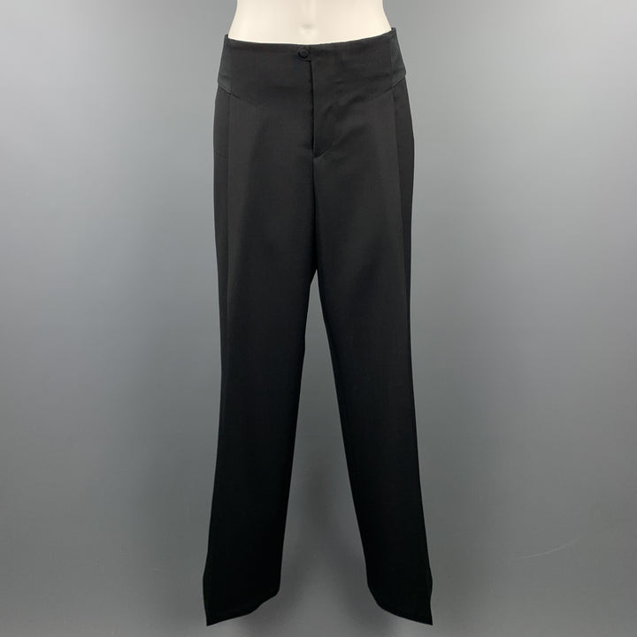 GUCCI Taille 8 Pantalon habillé à jambe large en satin de laine noire avec ceinture élastique