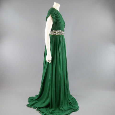 NAEEM KHAN Taille 8 Robe de soirée en soie vert émeraude à une épaule et taille en cristal