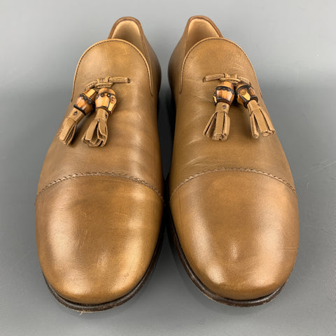 GUCCI Size 11 Tan Solid Leather Tassel Slip On Loafers