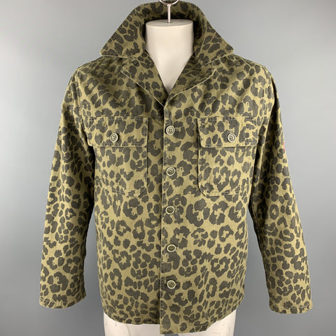SAINT LAURENT Spring 2016 Size 40 Olive & Black Leopard  Print Cotton Jacket