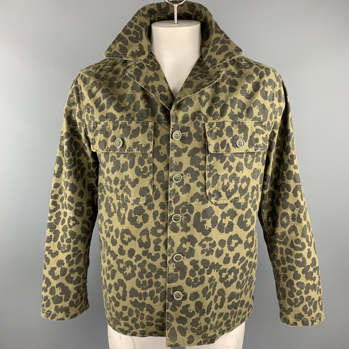 SAINT LAURENT Spring 2016 Size 40 Olive & Black Leopard  Print Cotton Jacket