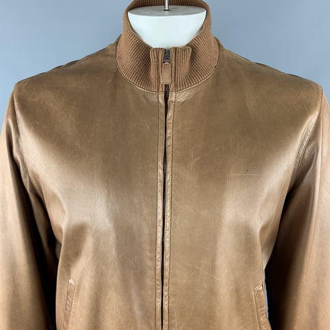 RALPH LAUREN L Tan  Leather Zip Up Slit Pockets Bomber Style Jacket
