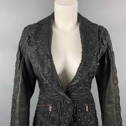 JUST CAVALLI Size 4 Black Studded Acetate / Viscose Quilted Notch Lapel Jacket
