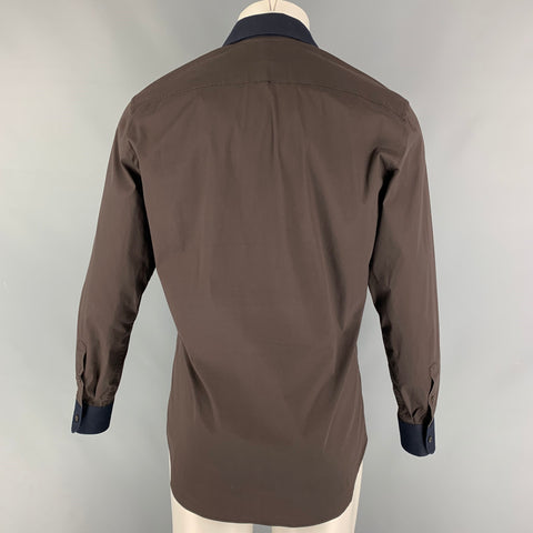 PRADA Size 38 Brown Navy Color Block Cotton Blend Button Down Long Sleeve Shirt
