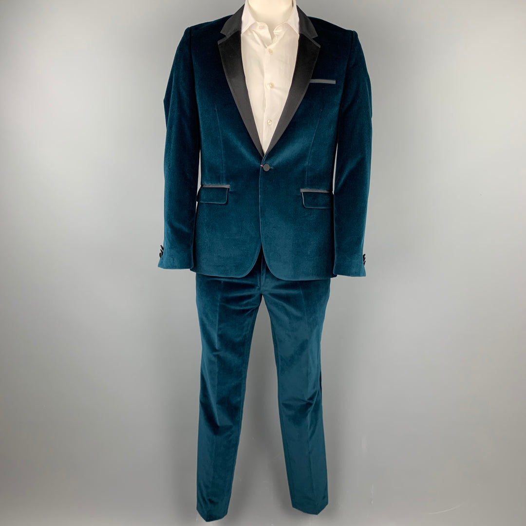 HUGO BOSS Taille 40 Costume de smoking à revers cranté en velours de coton sarcelle régulier