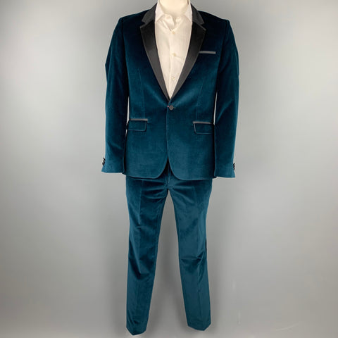 HUGO BOSS Size 40 Regular Teal Cotton Velvet Notch Lapel Tuxedo Suit
